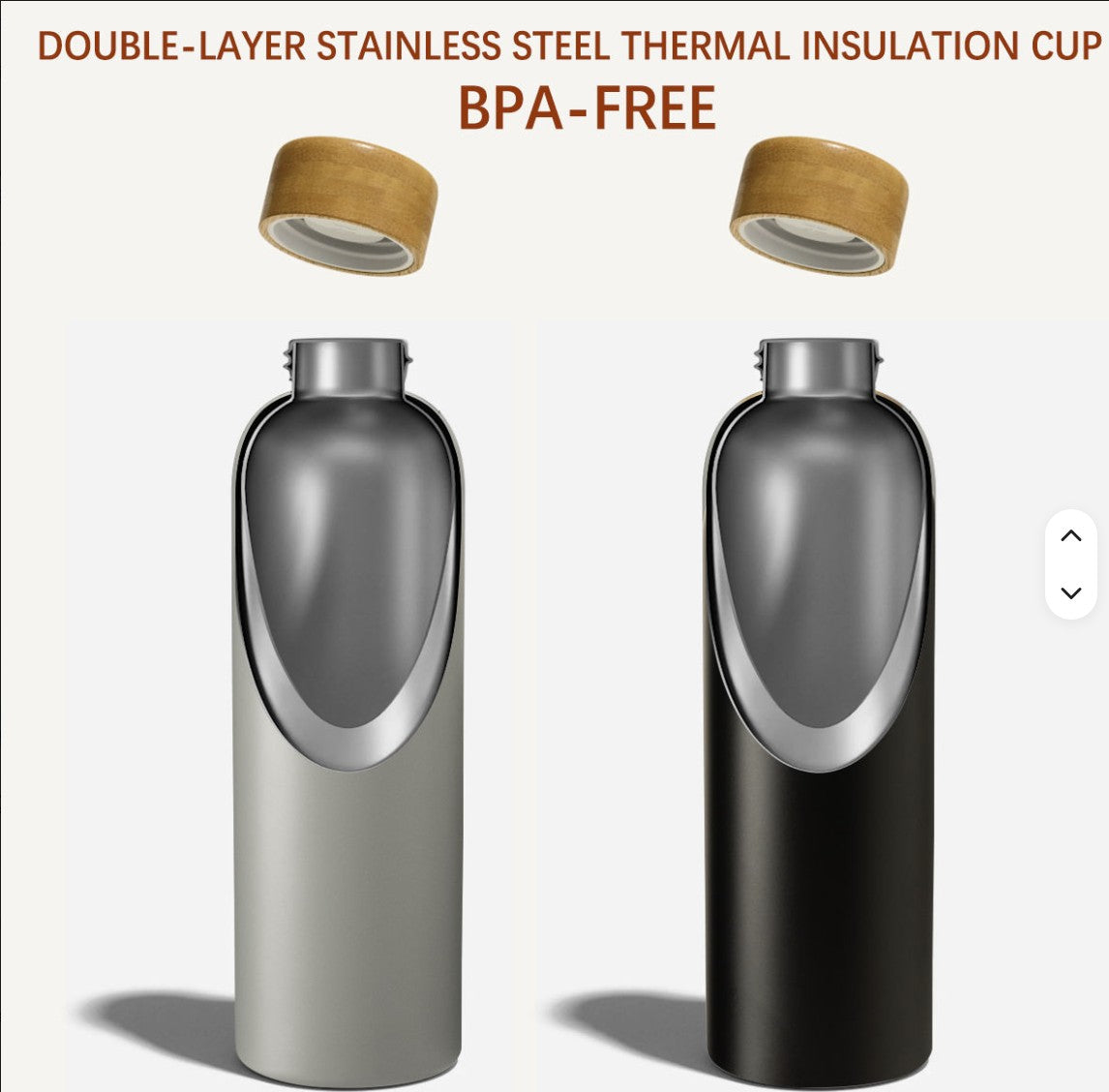 Double-layer stainless steel thermal insulation cup with wooden lid on a white background
