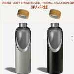 Double-layer stainless steel thermal insulation cup with wooden lid on a white background
