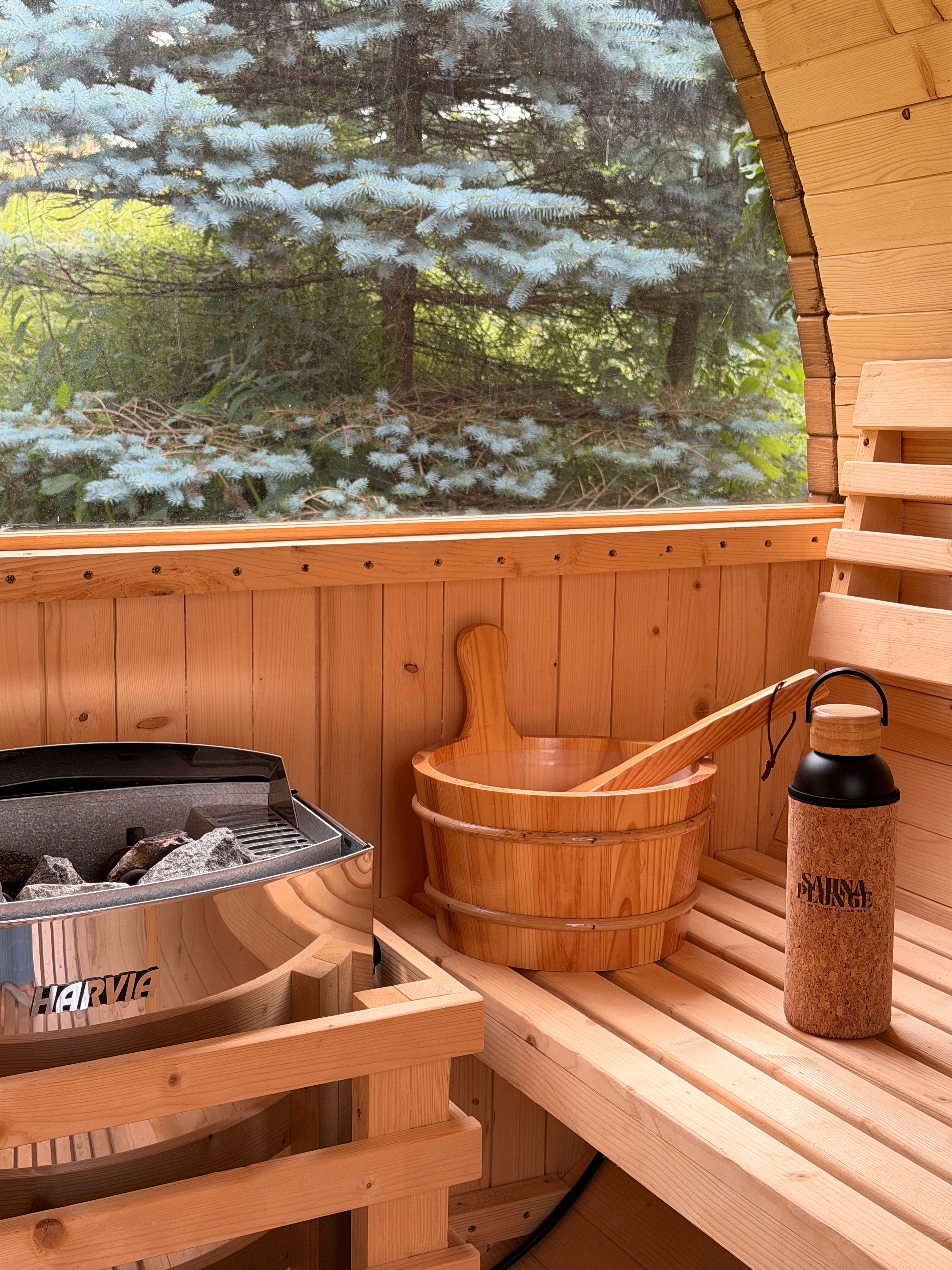 Wooden sauna interior with a bucket and a view of trees outside