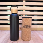Water bottle with cork sleeve off