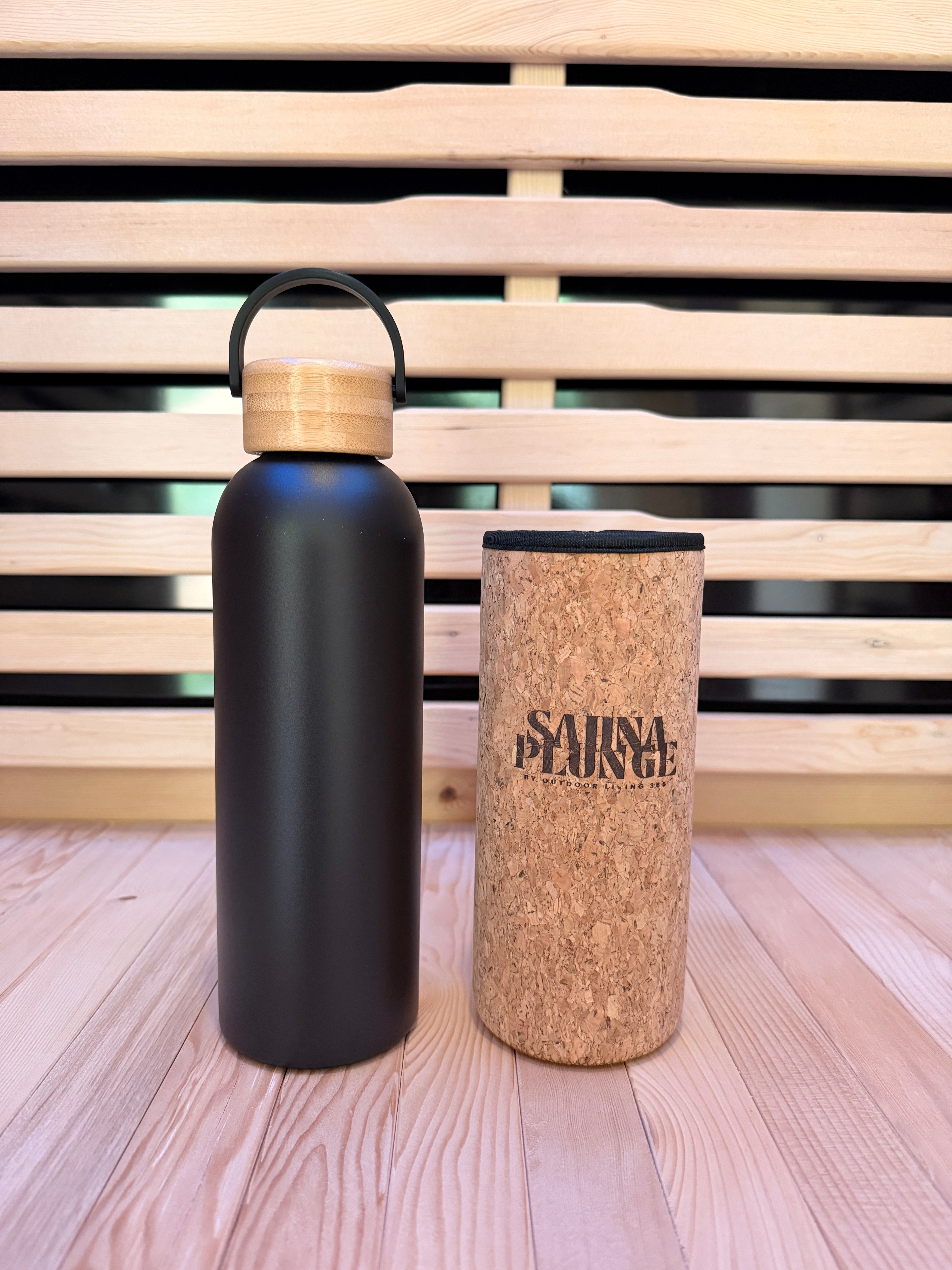 Water bottle with cork sleeve off